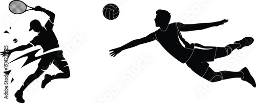 Silhouette athletes playing tennis, diving save, dynamic sports action, teamwork, competitive game, athletic performance, motion energy, racket swing, ball impact