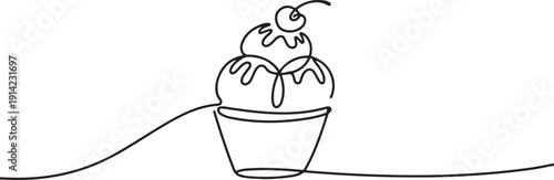 Continuous one line drawing of ice cream cup. One line drawing illustration of delicious ice cream cup. Art icon drawing vector