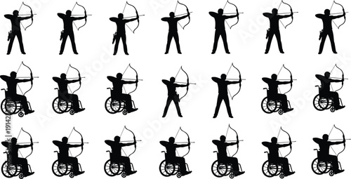 Archery Athlete Silhouette Set Including Standing and Wheelchair Archer Paralympic Sport Vector Collection