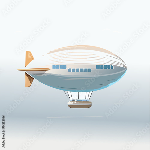A vintage airship illustration against a soft, gradient sky background