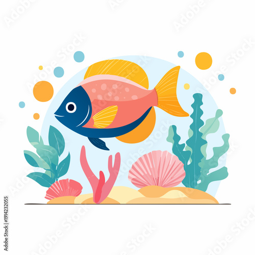 Colorful illustration of a tropical fish swimming among coral reefs and seaweed