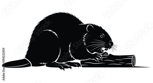 Black silhouette of a beaver gnawing on a log against a white background in a flat profile