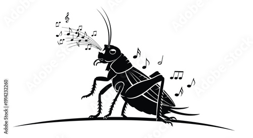 Black silhouette cricket singing music notes flat illustration