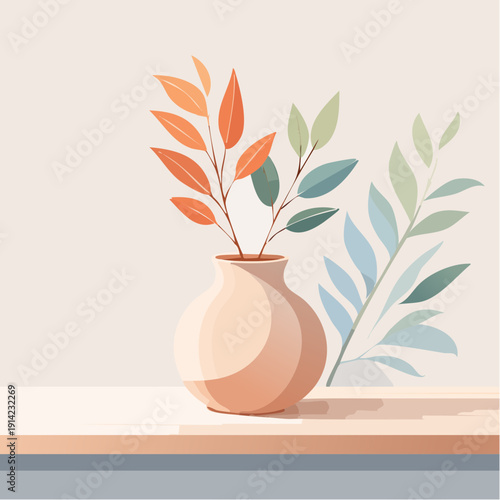 Minimalist Interior Design With A Vase Of Autumn Leaves And Shadows
