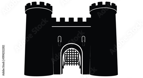 Black silhouette of a medieval castle gate with two towers and a portcullis
