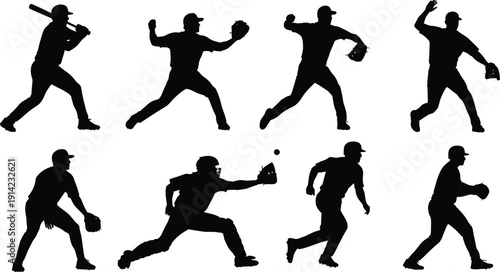 Baseball Player Silhouette Set Batting Pitching Catching Running Fielding Black Vector Illustration Collection