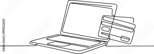 Continuous one line drawing of laptop with credit cards. Single line drawing illustration of laptop computer with credit cards. Art icon drawing vector