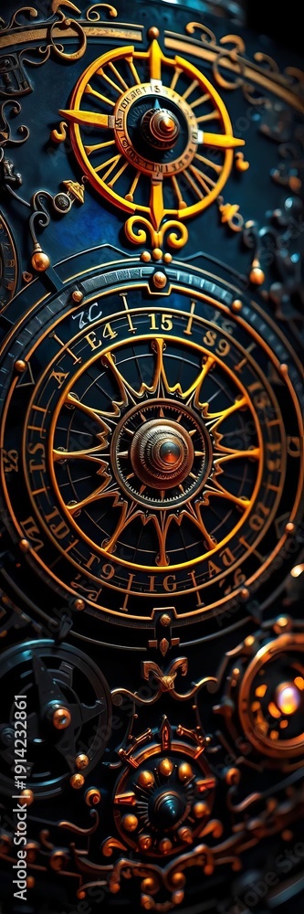 Obraz premium Celestial clockwork, sun & moon dial, obsidian backdrop, gilded filigree , cosmic, metallic