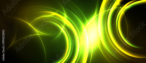 Bright neon lines form abstract circular patterns. Vivid green dominates dark background, creating dynamic visual effect.