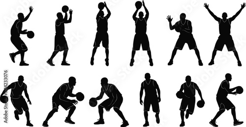Basketball Player Silhouette Set Dribbling Shooting and Jumping Action Poses Vector Collection