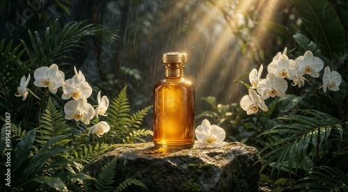 Luxurious amber bottle surrounded by orchids in lush rainforest