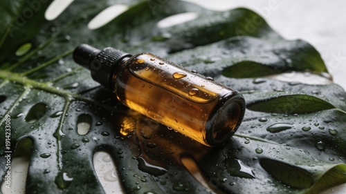 Natural skincare product on wet tropical leaf background