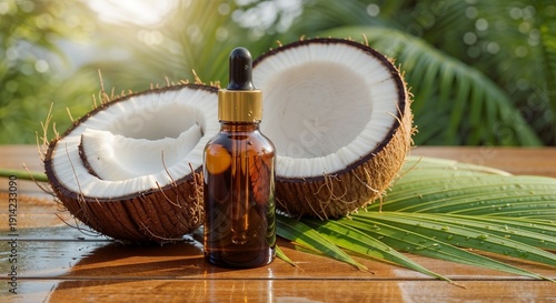 Coconut oil in amber bottle with fresh coconuts and palm leaves on wooden table