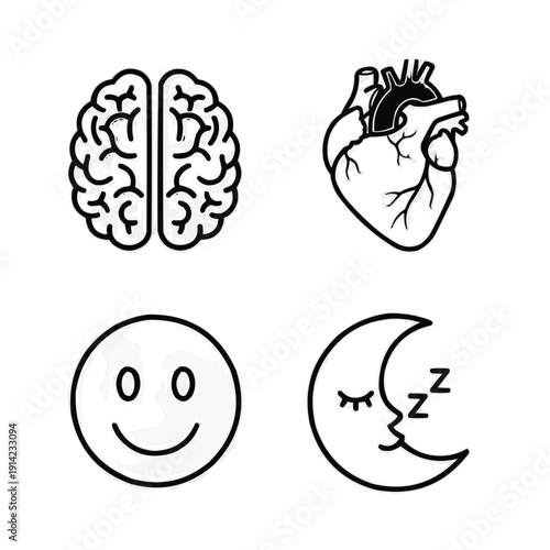 Icon set of brain, heart, smiley face, and sleeping moon  