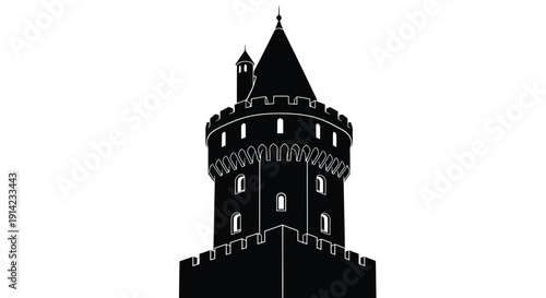 Black silhouette of a medieval castle tower with conical roof and battlements on a white background