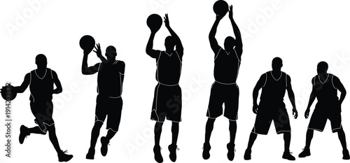 Basketball Player Silhouette Set in Action Poses Dribbling, Shooting and Defensive Stance Vector Illustration