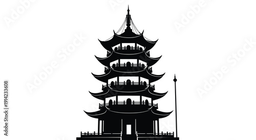 Black silhouette of a traditional Chinese pagoda tower with multiple tiers and curved roofs against a white background