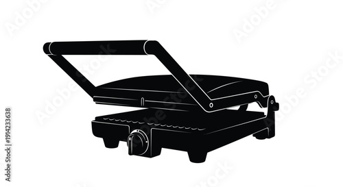 Black silhouette of an open panini press against a white background