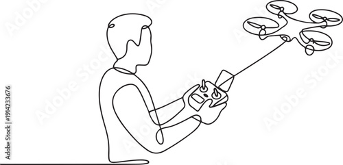 Continuous one line drawing of man with remote control and flying drone. one line Art icon drawing vector