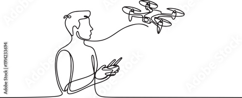Continuous one line drawing of man with remote control and flying drone. one line Art icon drawing vector