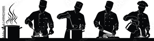 Silhouette chefs cooking in kitchen, teamwork culinary art, professional chefs preparing food, restaurant staff working together, gastronomy teamwork illustration