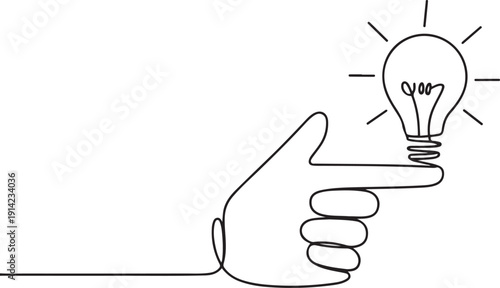 Continuous one line drawing of hand gun pose with lamp bulb. One line drawing illustration of hand and bulb mix. one line Art icon drawing vector