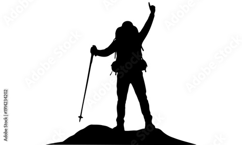 Backpacker Celebrating Victory on Top of Mountain Peak Silhouette