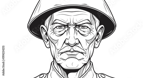Black and white illustration of an elderly man wearing a hat.