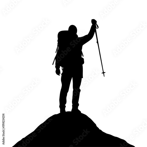 Mountain Climber with Trekking Pole Celebrating Success on the Summit