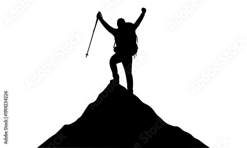 Silhouette of Hiker Reaching Mountain Peak with Arms Raised in Success