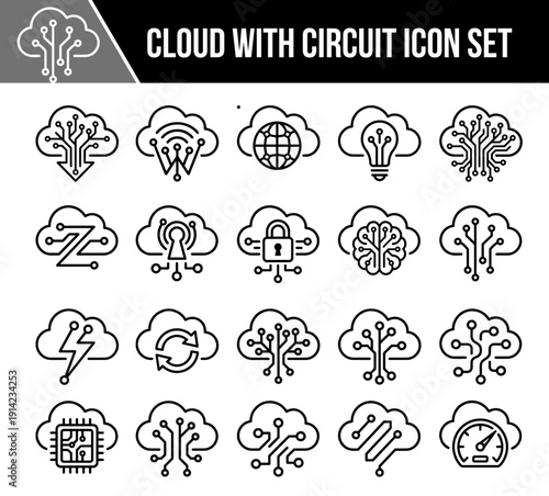 Cloud with Circuit Abstract Icon Set, Cloud Computing Technology, Digital Data Network and Circuit Symbols Vector Collection