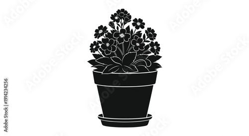 Black silhouette of a potted plant with flowers in a minimalist flat design style