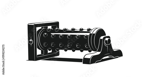 Detailed 3D render of a black chain tensioner with a metal bracket and rollers