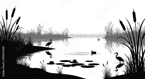 Black silhouette of herons and ducks in a serene lake with cattails and lily pads