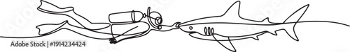 Continuous one line drawing of scuba diver diving with shark. One line drawing illustration of scuba diver swim with shark. one line Art icon drawing vector