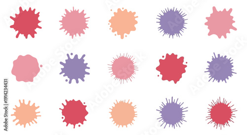 Vibrant paint splatter shapes in various colors arranged in a grid pattern on a digital illustration, showcasing creativity and artistic expression freely.