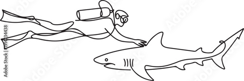 Continuous one line drawing of scuba diver diving with shark. One line drawing illustration of scuba diver swim with shark. one line Art icon drawing vector