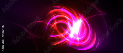Bright swirling lines, vibrant pinks, reds dominate dark background. Intense light radiates from central point, creating dynamic effect.
