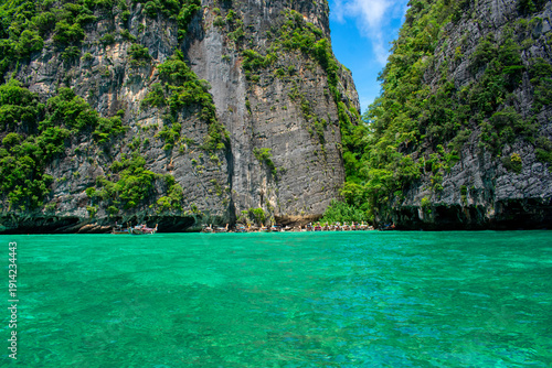 Phi Phi Islands Near Phuket Thailand. Beautiful landscape Limestone rock formations on Andaman Sea, Turquoise clear blue and green water