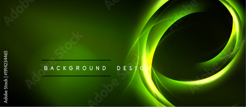 Dark green background features bright neon swirl. Text reads background design. Modern abstract visual element.