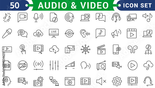 Audio & Vedio icon set. Containing headphones, sound, music, volume, earphones, equalizer and speaker icons. Solid icon collection. Vector illustration.