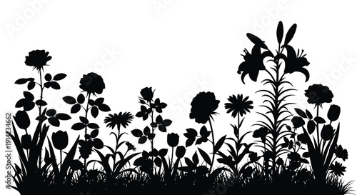 Black silhouette of a garden with various flowers and plants against a white background