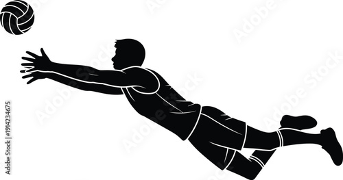 Silhouette volleyball player diving, athletic action, sports illustration, dynamic movement, agility, determination, saving ball, teamwork, competitive game, physical performance