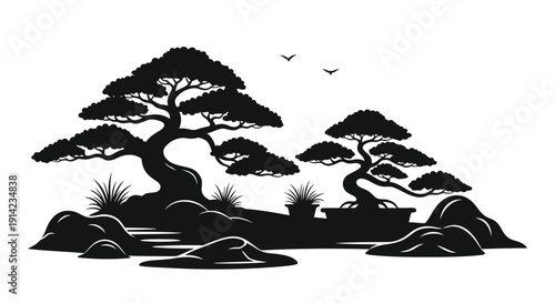 Black silhouette of bonsai trees on rocks with birds flying overhead in minimalist flat design