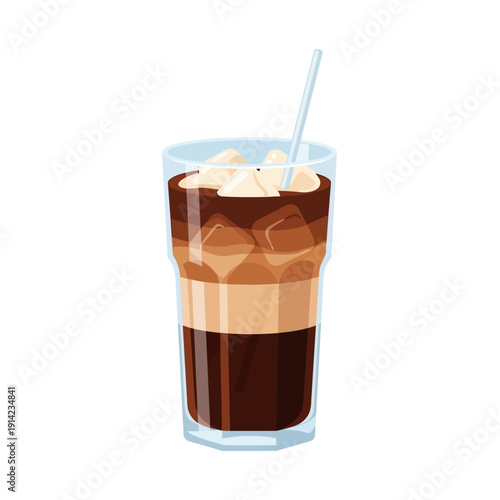 Iced Coffee Drink with Layers and Ice Cubes in a Tall Glass with Straw