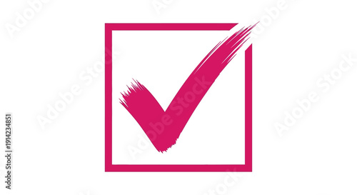 A pink checkmark symbol mark in a square frame viewed from the front, representing approval and confirmation