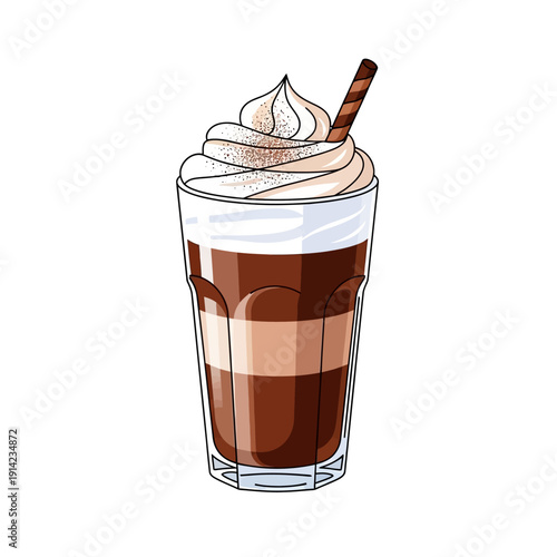 Iced Coffee Drink with Whipped Cream and Chocolate Syrup Layers in a Tall Glass