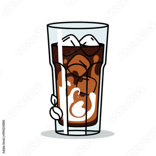 Iced Coffee with Cream and Ice Cubes in a Tall Glass, Coffee Beans