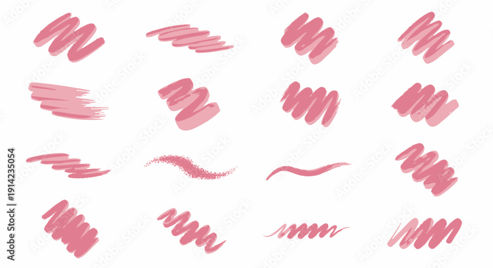 Fototapeta premium Collection of pink lipstick smudge marks and swirls on a digital canvas, showcasing various lip impressions and cosmetic designs from a close-up viewpoint