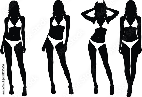 Silhouette women in bikinis, fashion poses, swimwear illustration, stylish body stances, summer beachwear, modeling art, design concept, minimal style